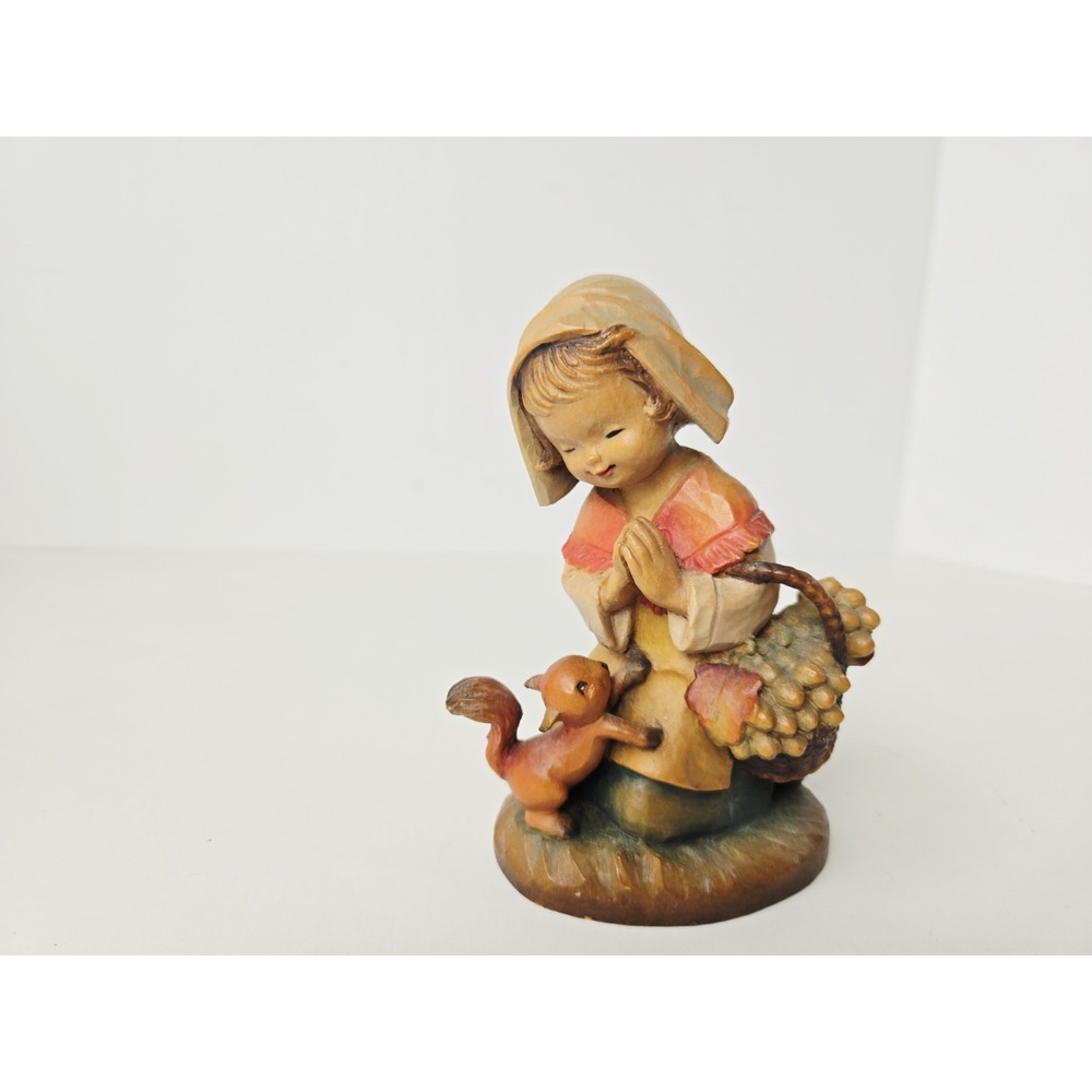 Vintage Anri Wooden wood statue girl with squirrel Italy Thanksgiving